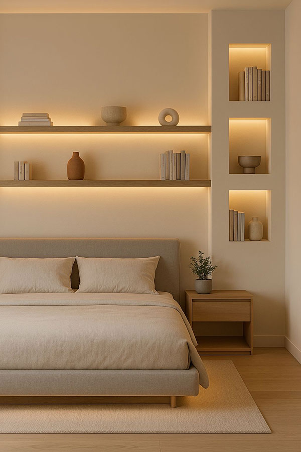 استفاده از طاقچه توکار برای نگهداری وسایل بی آنکه فضای اتاق را شلوغ کند