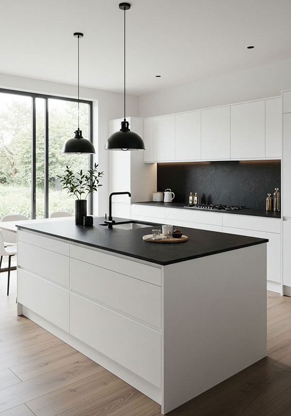 نمونه از ترکیب رنگ مشکی با سفید در آشپزخانه