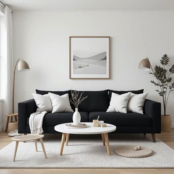 نمونه از ترکیب رنگ مشکی با سفید در پذیرایی