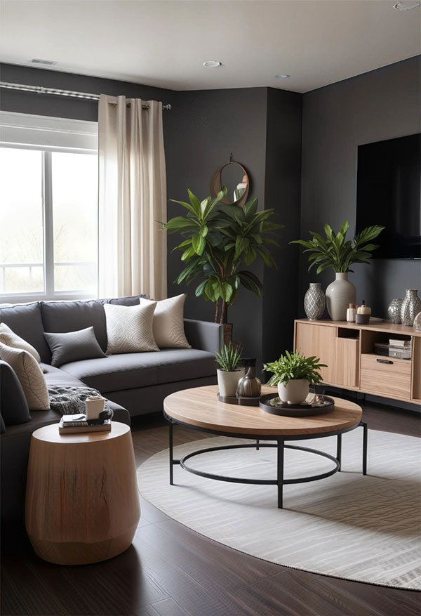 نمونه ای از ترکیب رنگ زغال سنگی و چوب روشن در پذیرایی