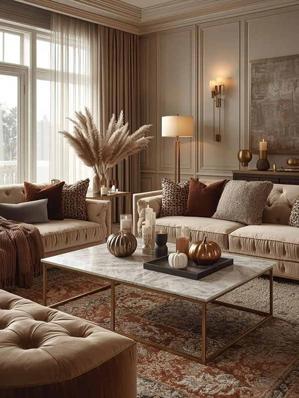 نمونه ای از ترکیب رنگ شکلاتی، کرم و طلایی در پذیرایی