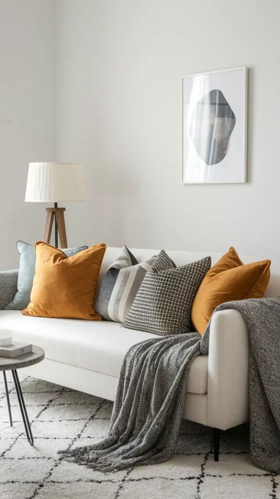 نمونه ای از کوسن های رنگی که مکمل خوبی برای مبل خنثی هستند