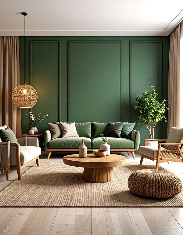 نمونه ای از ترکیب رنگ سبز تیره و چوب در پذیرایی