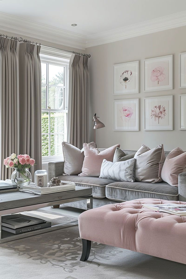 نمونه ای از ترکیب رنگ صورتی ملایم و طوسی تیره در پذیرایی