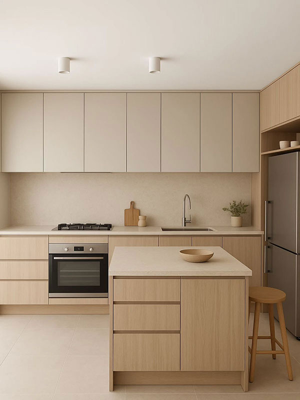 نمونه ای از ترکیب رنگ بژ با چوب در آشپزخانه