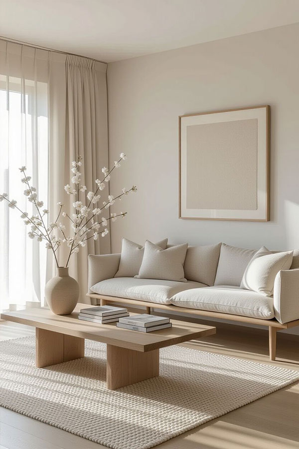 نمونه ای از ترکیب رنگ کرم با چوب در پذیرایی