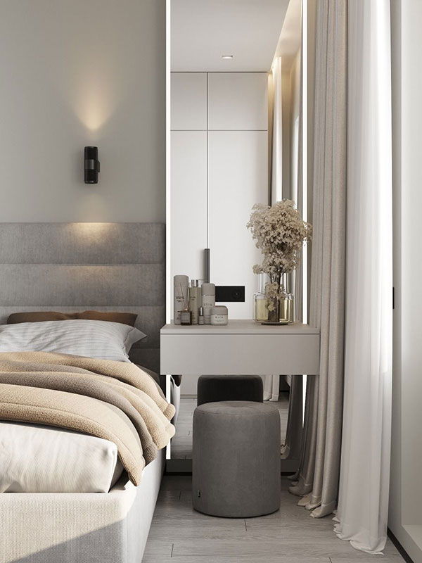 ادغام میز آرایش با میز کار کنار تخت برای اتاق های خواب های کوچک