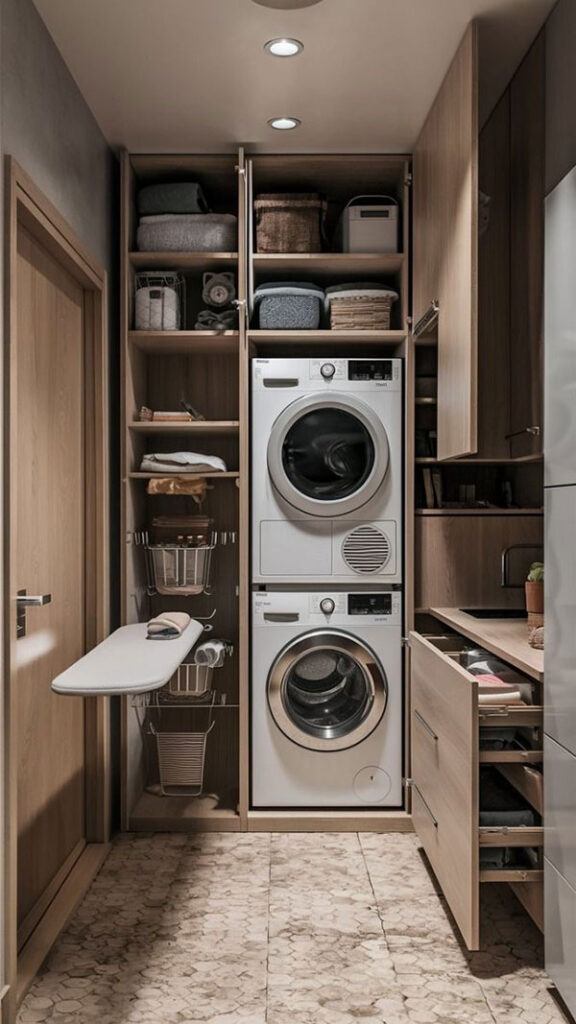 تجهیزات مورد نیاز در لاندری روم مانند :ماشین لباسشویی و خشککن، سینک، کانتر و میز اتو