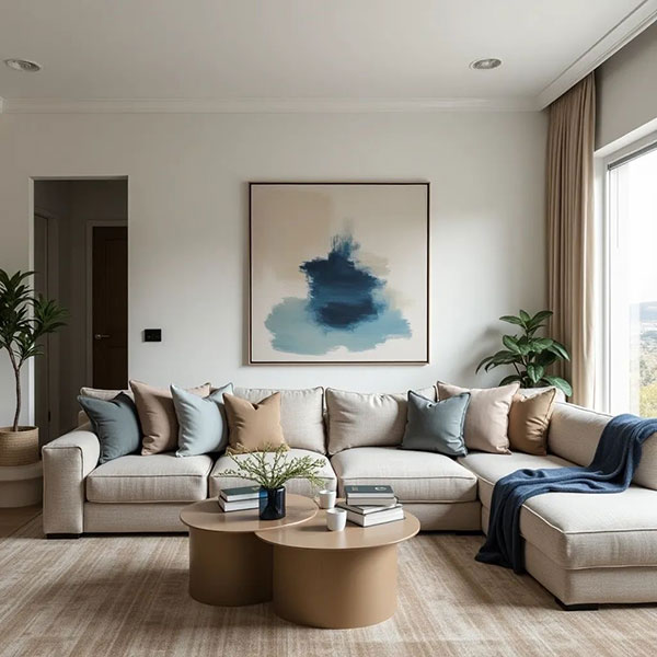 نمونه ای از ترکیب رنگ آبی ملایم و قهوهای کاراملی در پذیرایی