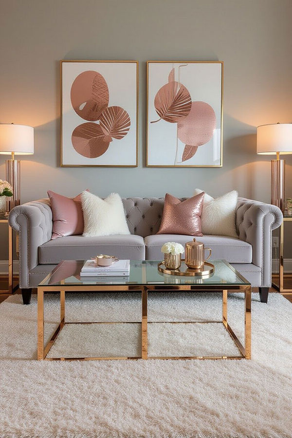 نمونه ای از ترکیب رنگ طوسی روشن و رزگلد در پذیرایی