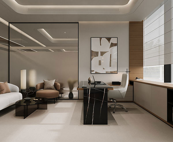 نمونه ای از دفتر کار لوکس با رعایت اصول صحیح برای انتخاب مبلمان، اکسسوری، نورپردازی و مصالح