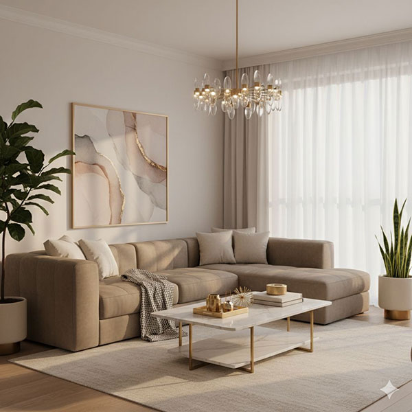 نمونه ای از ترکیب رنگ کرم بادامی طلایی مات در پذیرایی