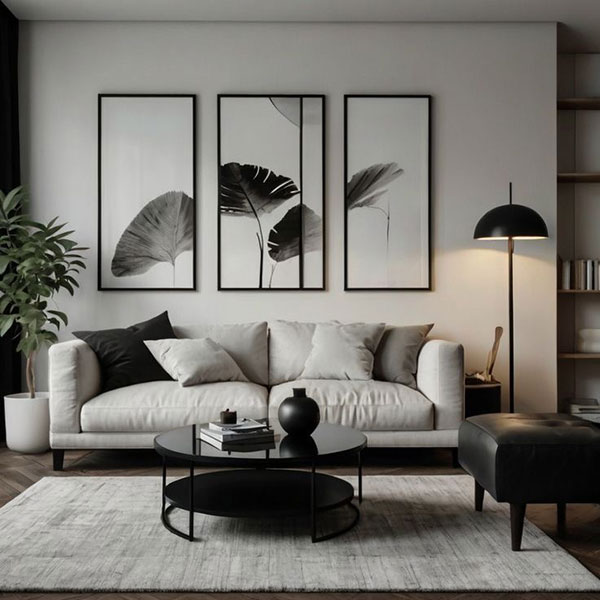 نمونه ای از ترکیب رنگ سفید مات و مشکی ملایم در پذیرایی