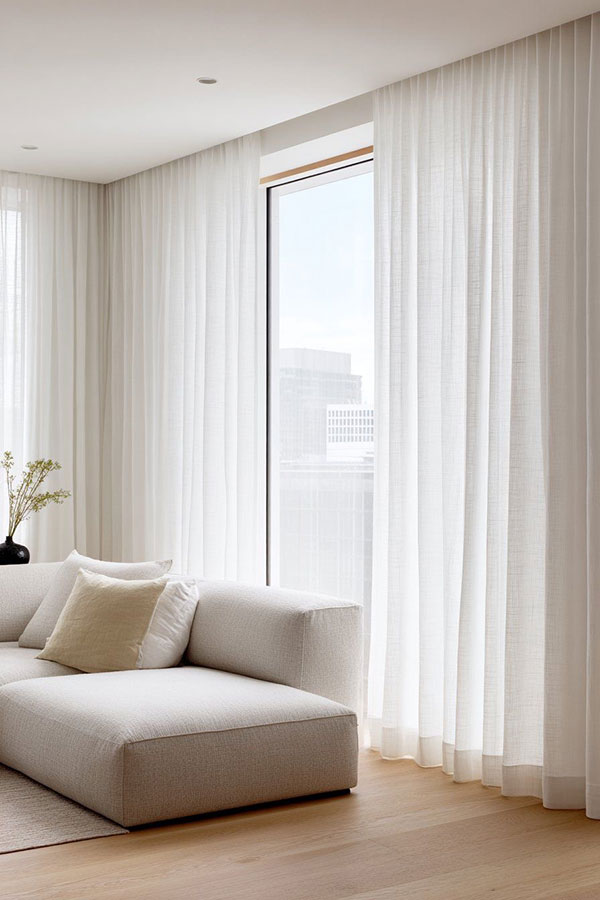 پرده هایی با جنس سبک، با رنگ روشن به دلیل نفوذ بیشتر نور طبیعی و قد بلند از سقف تا کف محیط را بازتر و بزرگتر نشان می دهند.