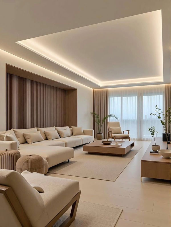 نمونه ای از ترکیب رنگ بژ گرم و گردویی در پذیرایی