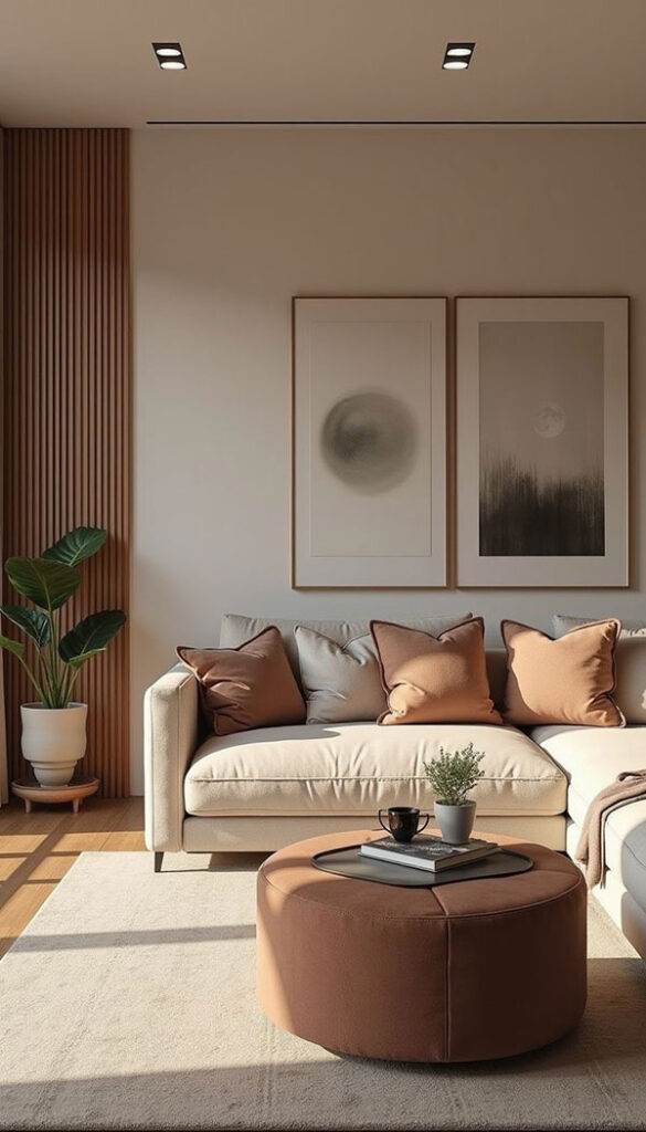 نمونه ای از ترکیب رنگ کرم گرم و آجری در پذیرایی