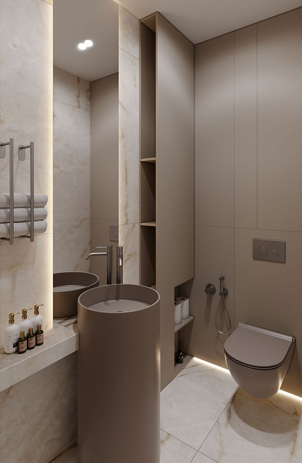 نمونه ای از نصب چراغ ها، آینهها، اکسسوری ها در سرویس بهداشتی