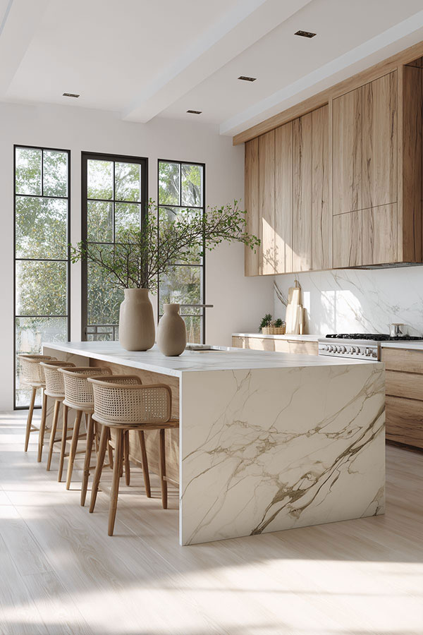 نمونه ای از ترکیب کابینتهای چوبی با صفحه رویه سنگ طبیعی