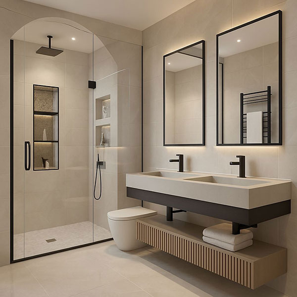 نمونه ای از بازسازی حمام طراحی، نورپردازی و متریال مدرن