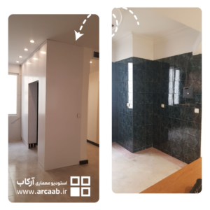 قبل و بعد بازسازی دیوار آشپزخانه - پروژه امید هروی