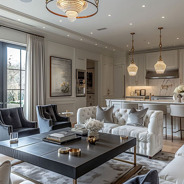 نمونه ای از پذیرایی پلان باز با استفاده از کفپوشهای متفاوت، فرشهای شاخص و طراحی سقف با نور