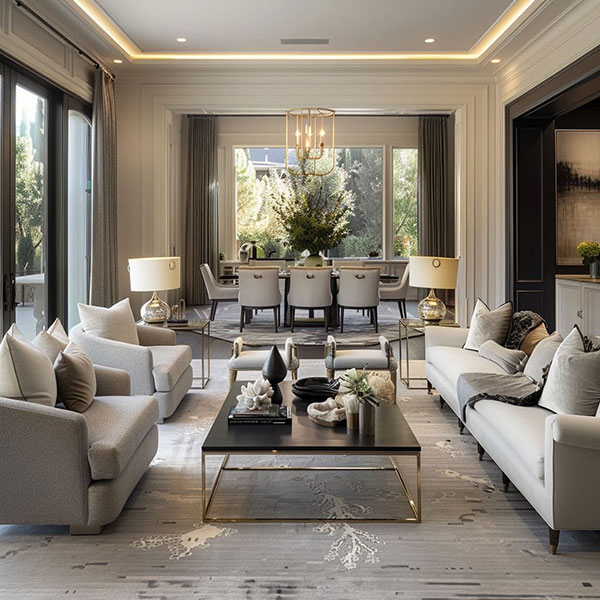 نمونه ای از بازسازی پذیرایی پلان باز با نورپردازی حرفهای و استفاده از ایدههای خلاقانه