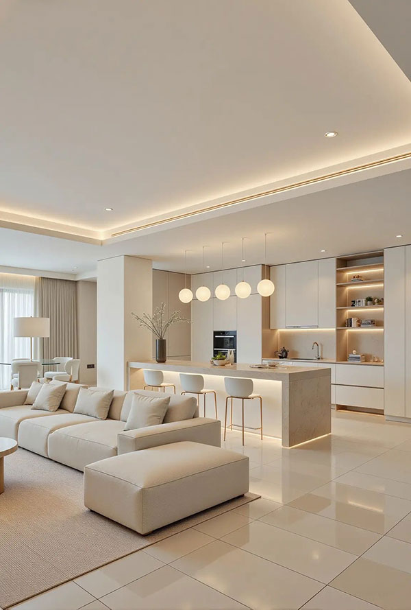 نمونه ای از طراحی پلان باز در بازسازی پذیرایی که فرایندی مهم برای روشنایی بهتر محسوب می شود