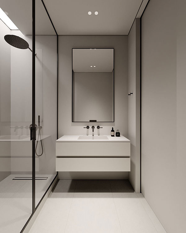 نمونه ای از نصب متریال ضد رطوبت، نورپردازی مناسب و طراحی اصولی کابینت و روشویی در حمام