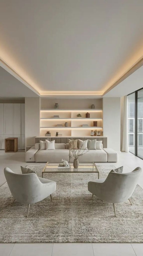 نمونه ای از پذیرایی سبک مدرن با خطوط ساده، رنگهای خنثی و مبلمان مینیمال، برای فضاهای باز و نورگیر مناسب هستند و حس آرامش و بزرگی فضا را تقویت میکنند