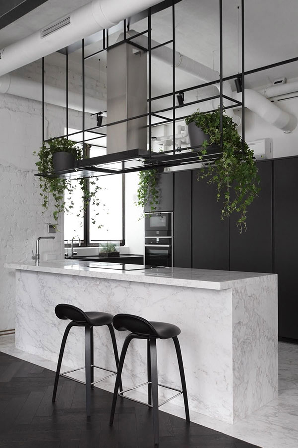 نمونه ای از استفاده از گیاهان و سیستم تهویه مناسب در آشپزخانه