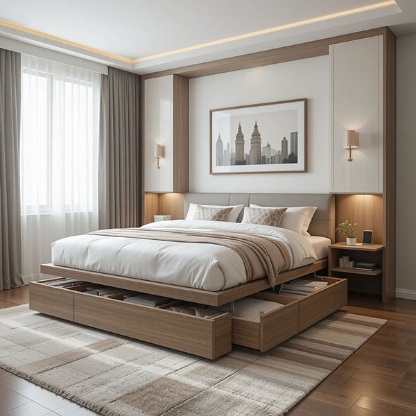 نمونه ای از تخت‌ با کشوهای داخلی، میزهای کنار تختی کاربردی در بازسازی اتاق خواب