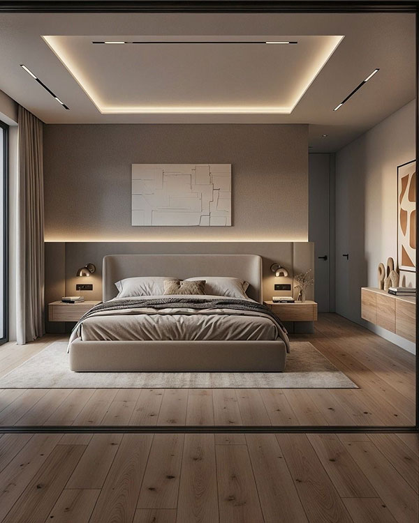 نمونه‌ای از بازسازی  اتاق خواب با انتخاب رنگ مناسب، نورپردازی درست، استفاده از مبلمان چند منظوره و جزئیات دکوراتیو