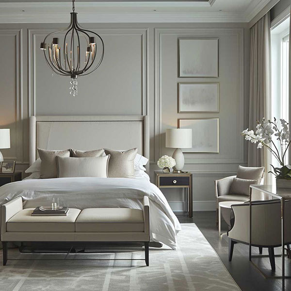 نمونه‌ای از تلفیق سبک‌ کلاسیک و مدرن در بازسازی اتاق خواب ترکیب خطوط ساده مدرن با جزئیات کلاسیک مانند قاب‌های چوبی، لوسترهای کوچک یا مبلمان با جزئیات ظریف، فضا را جذاب و ماندگار می‌کند