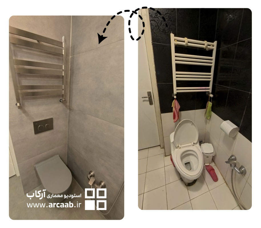 نصب وال هنگ بجای توالت فرنگی قدیمی در بازسازی خانه فردوس ظرافت