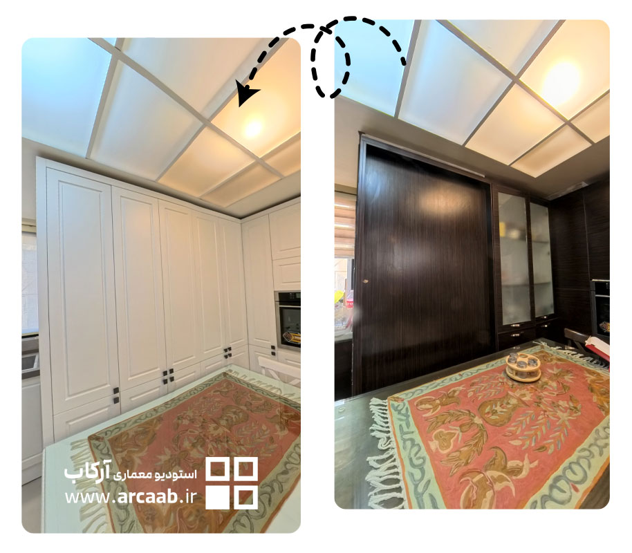 تبدیل دیواره ثابت کنار میز ناهارخوری به کابینت های کاربردی در بازسازی خانه فردوس ظرافت