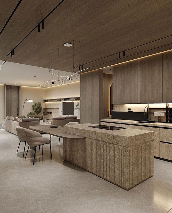 نمونه‌ای از طراحی جزیره آشپزخانه و میز ناهارخوری