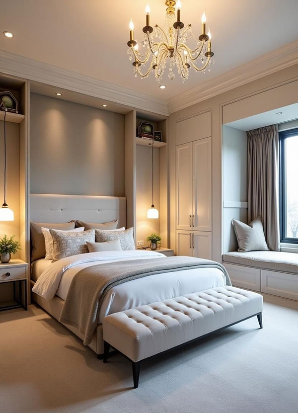 نمونه ای از بازسازی اتاق خواب با انتخاب رنگ ملایم دیوارها، نورپردازی طبیعی و مصنوعی،فضایی برای مطالعه و چیدمان مبلمان که همه روی خلق فضایی آرامش‌بخش و کارآمد نقش دارند