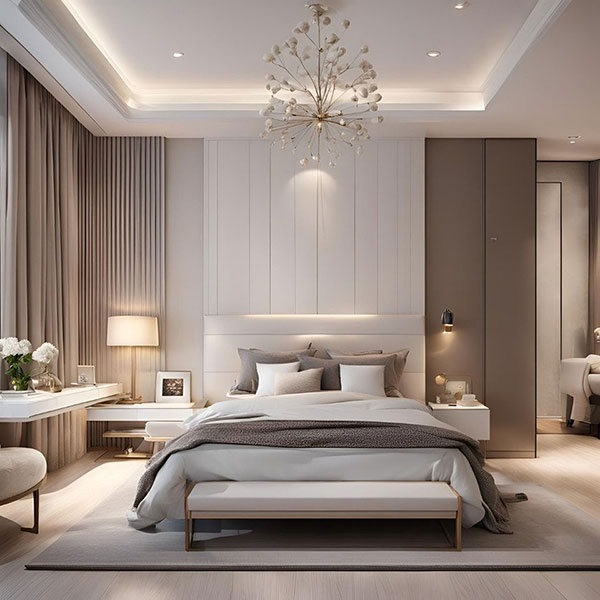 نمونه ای از بازسازی اتاق خواب با ایجاد بخش‌های مجزا برای مطالعه، استراحت و لباس‌ها که باعث افزایش راحتی و کارایی می‌شود