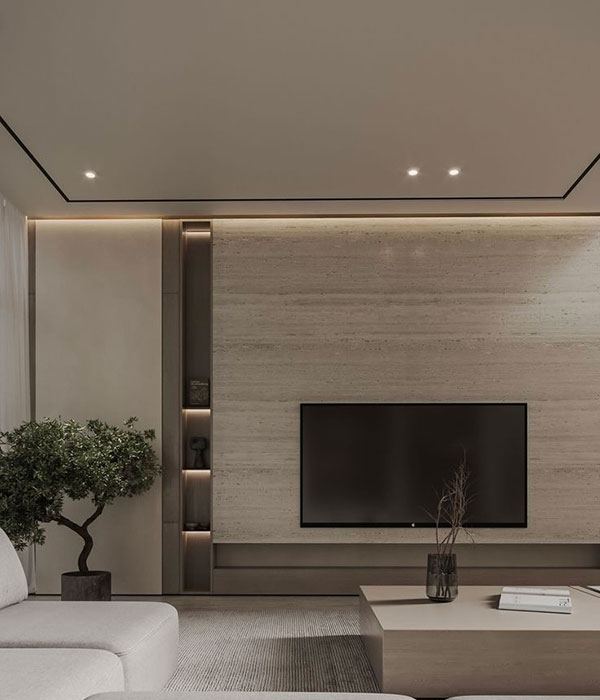 نمونه‌ای از بازسازی بک‌وال تلوزیون با استفاده از متریال‌هایی مانند سنگ اسلب با بافت‌های طبیعی و رگه‌های چشمگیر، حس لوکس و ماندگار می‌سازد