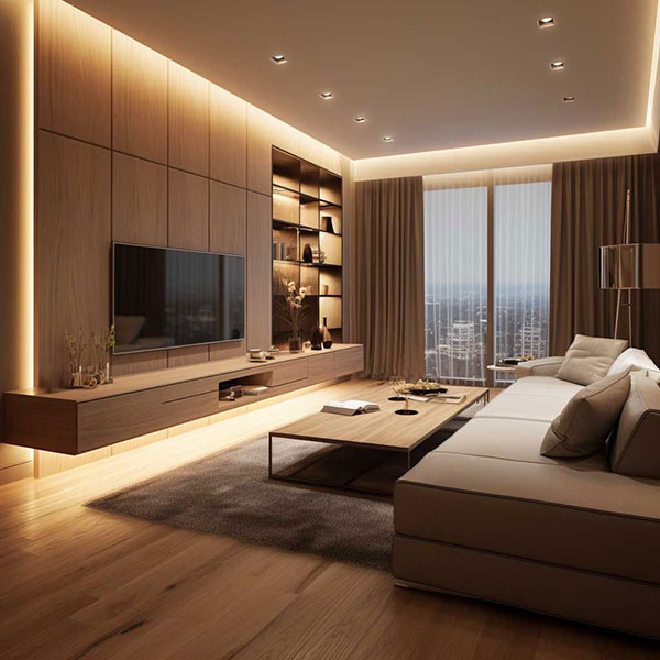 نمونه ای از بازسازی بک وال تلوزیون با استفاده از پنل چوبی که به دلیل گرما، آکوستیک مناسب و قابلیت ترکیب با نور خطی، برای فضاهای صمیمی و کاربری روزمره بسیار محبوب است