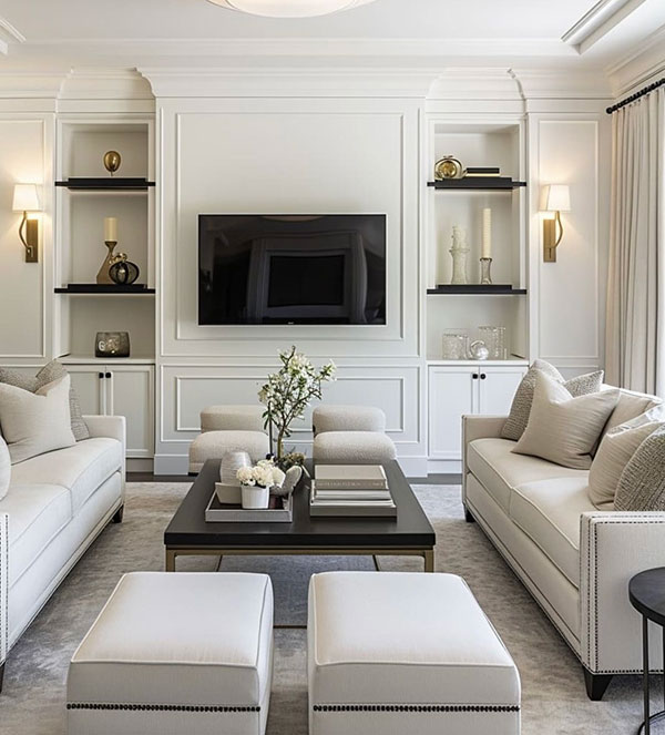 نمونه‌ای از بازسازی تی‌وی روم با فضای بزرگ و جزئیات بیشتر، بافت‌های متنوع و ترکیب نورهای لایه‌ای، می‌توان عمق و شخصیت بیشتری به فضا بخشید