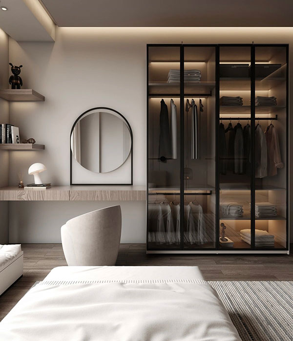 نمونه‌ای از استفاده مبلمان چند منظوره و قفسه‌ها و کشوهای هوشمند در بازسازی اتاق خواب فضای اتاق را بزرگ‌تر نشان می‌دهد