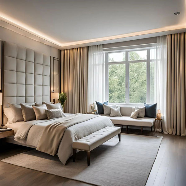 نمونه‌ای از استفاده از پرده‌های نیمه‌شفاف، چراغ‌های سقفی با نور ملایم و چراغ مطالعه مناسب، در بازسازی اتاق خواب ترکیبی ایجاد می‌کند که هم برای استراحت و هم برای مطالعه یا کار