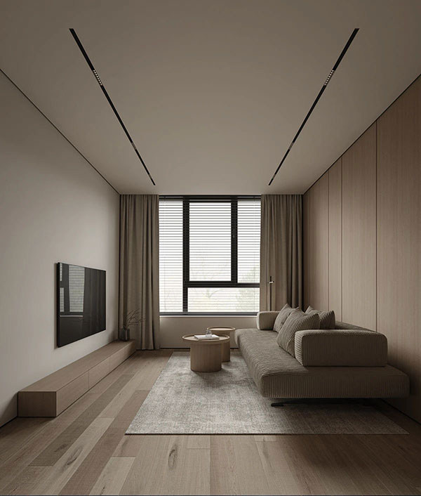 نمونه‌ای از تی‌وی روم برای فضاهای کوچک، خطوط ساده و رنگ‌های خنثی با مبلمان کم‌حجم باعث بزرگ‌تر دیده‌شدن محیط می‌شوند