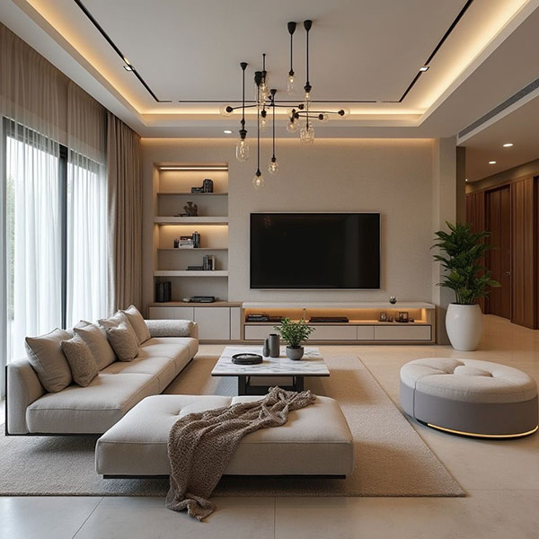 نمونه‌ای از بازسازی تی‌وی روم با مبلمان ارگونومی انتخاب متریال آکوستیک و نورپردازی دقیق 