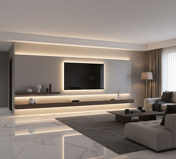 نمونه‌ای از تی‌وی روم با استفاده از نور تاکیدی در برجسته‌سازی عناصر دکور مثل تابلو یا شلف، ایجاد عمق بصری و جلوگیری از تخت شدن فضا، بهترین انتخاب‌ها اسپا‌ت‌لایت‌ها، نورهای جهت‌دار، LED پشت تلویزیون 