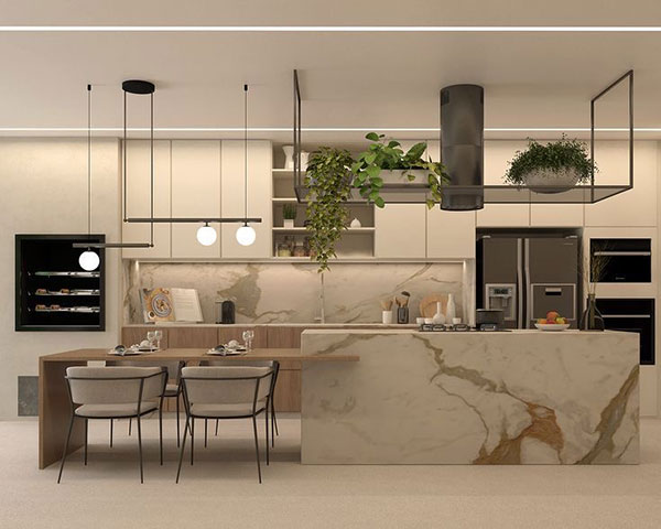 نمونه‌ای از جزیره آشپزخانه دو طبقه که این طرح به‌ویژه برای خانواده‌های دارای فرزند کوچک مفید است، زیرا سطح غذاخوری پایین‌تر، ایمنی بیشتری فراهم می‌کند و همچنین فرصتی برای ترکیب مواد و رنگ‌های متضاد مانند سنگ و چوب در طبقات مختلف فراهم می‌کند