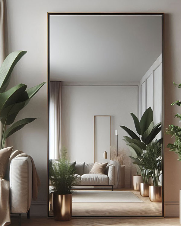 نمونهای از استفاده گل در جلوی آینه در پذیرایی حس طراوت و شادابی را به فضا میآورد