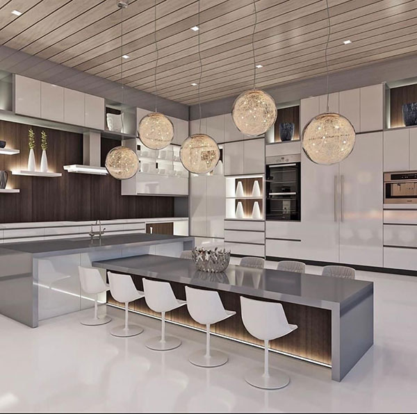 نمونه‌ای از جزیره آشپزخانه آبشاری که تا کف زمین امتداد می‌یابد