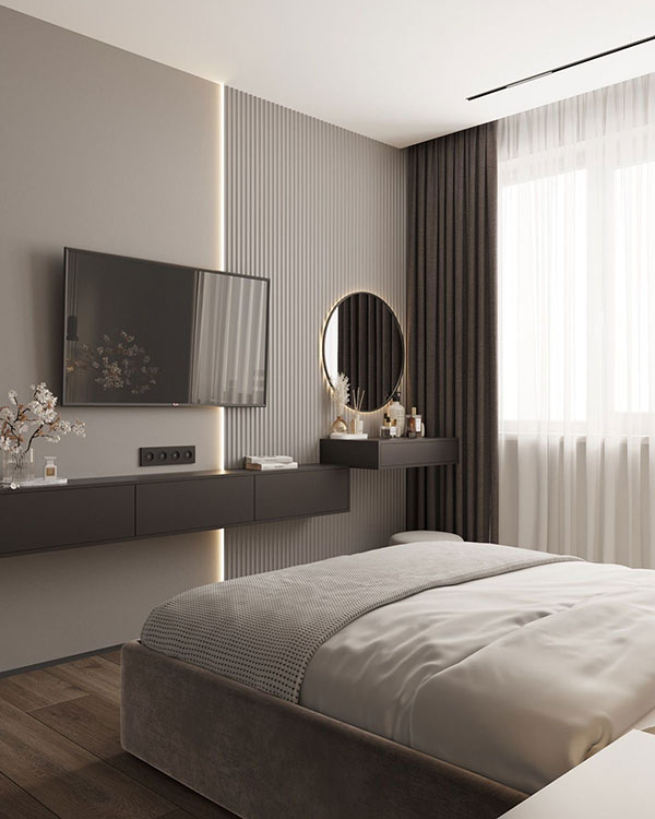 نمونه‌ای از ترکیب ترمووال، آینه و نورپردازی در اتاق خواب